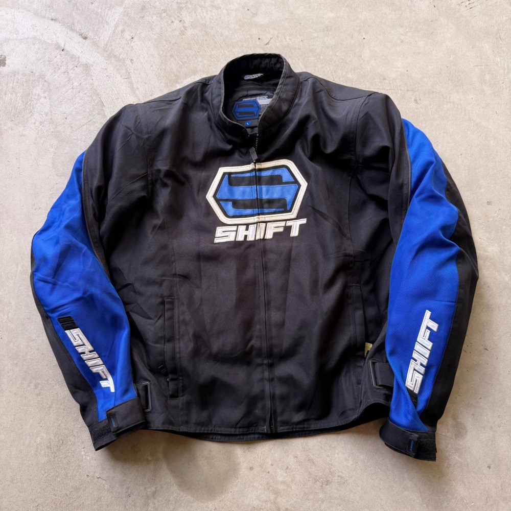 Shift Racing Motorcycle Jacket Mens Large Black Blue Embroidered Logo Zip Up‎